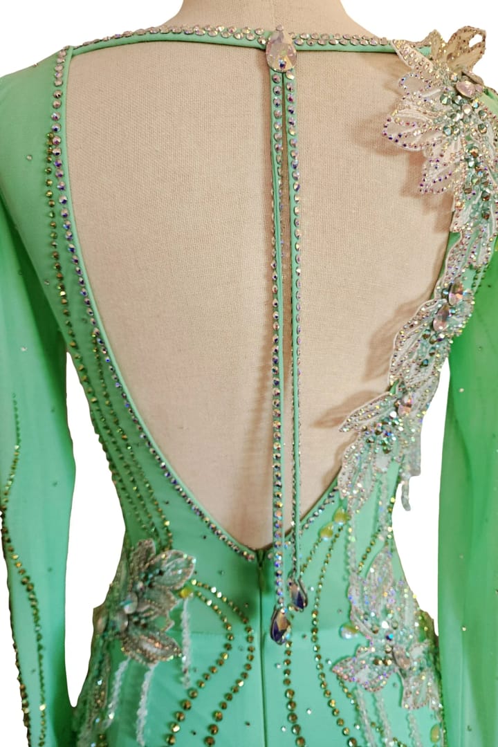 Calla ballroom dress — low back detail — V-back with crystal spine chain and lace appliqué shoulder accents.