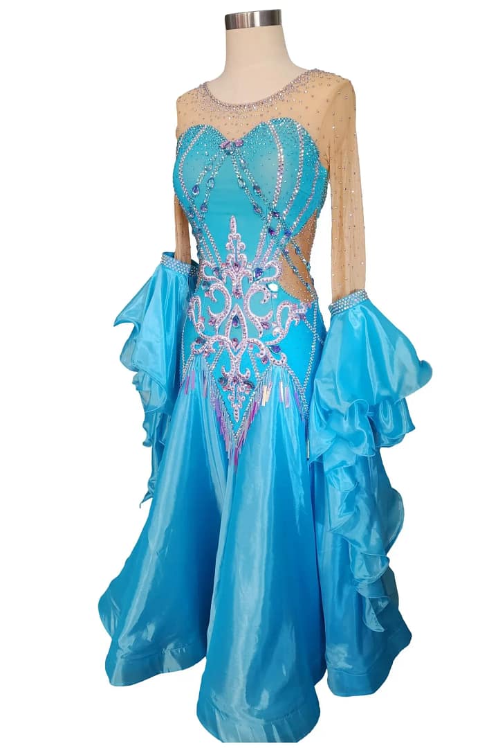 Jackie ballroom gown — 3/4 view — Standard gown with satin skirt and dramatic, ruffled cuffs on the long sleeves.