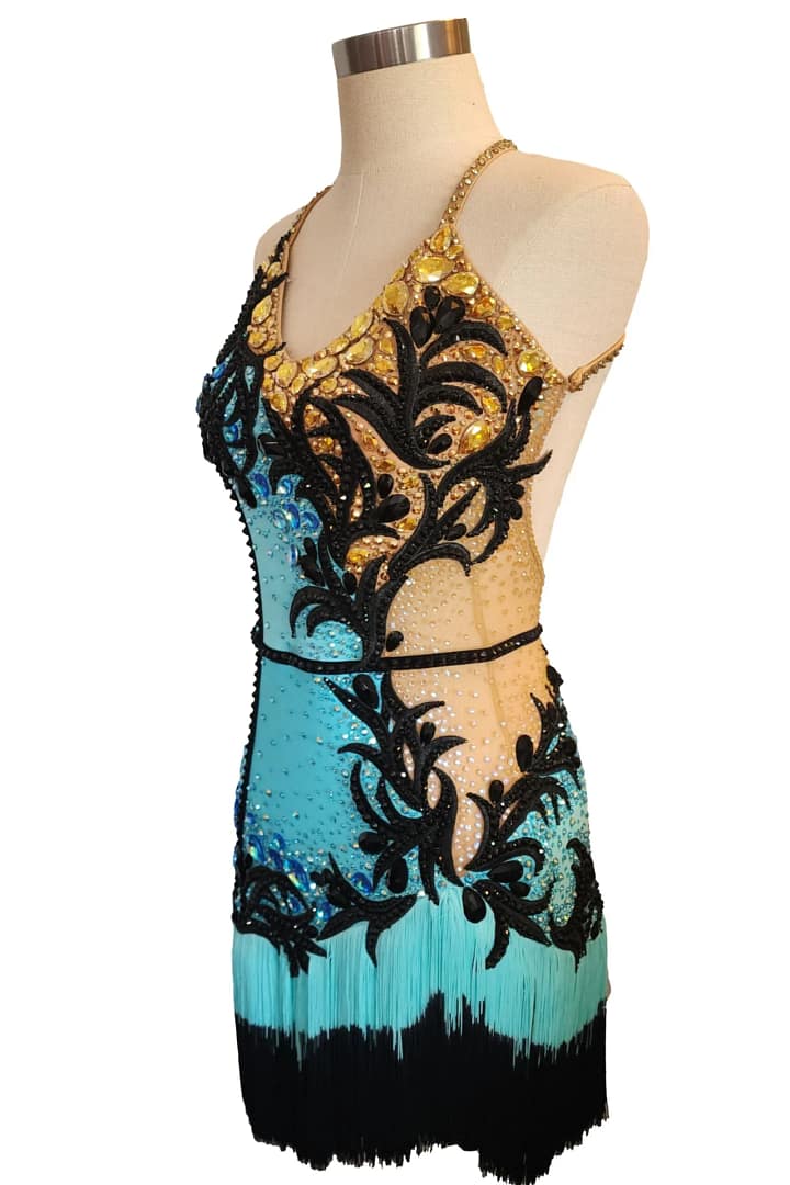 Jayla Latin dress — 3/4 view — halter neckline with gold crystal stoning and nude mesh side panel.