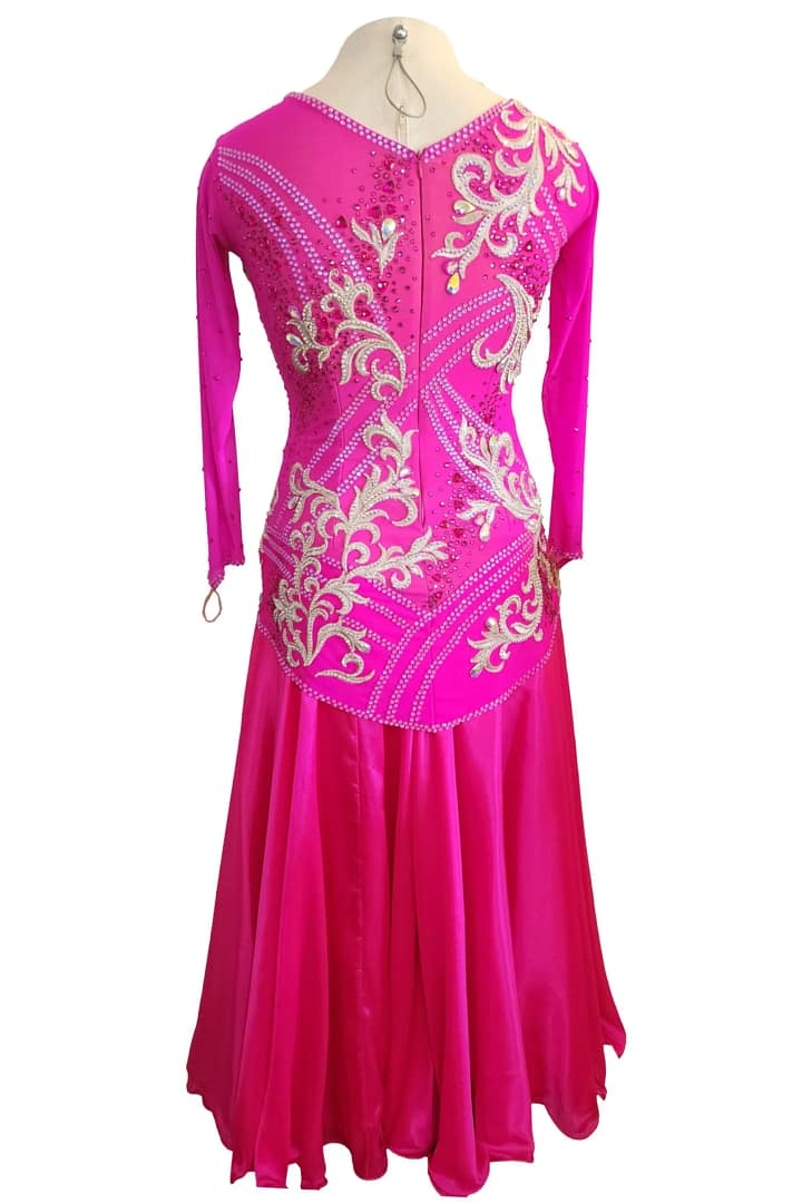 Juno Ballroom gown — back view — full-length hot pink dress with ornate silver embroidery and rhinestones on bodice