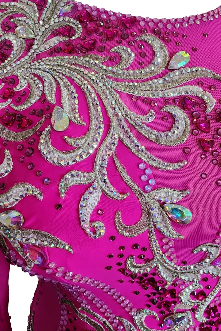 Juno Ballroom gown — Stonework detail — close-up of intricate silver appliqué, large iridescent tear-drop gems, and pink crystal scatter