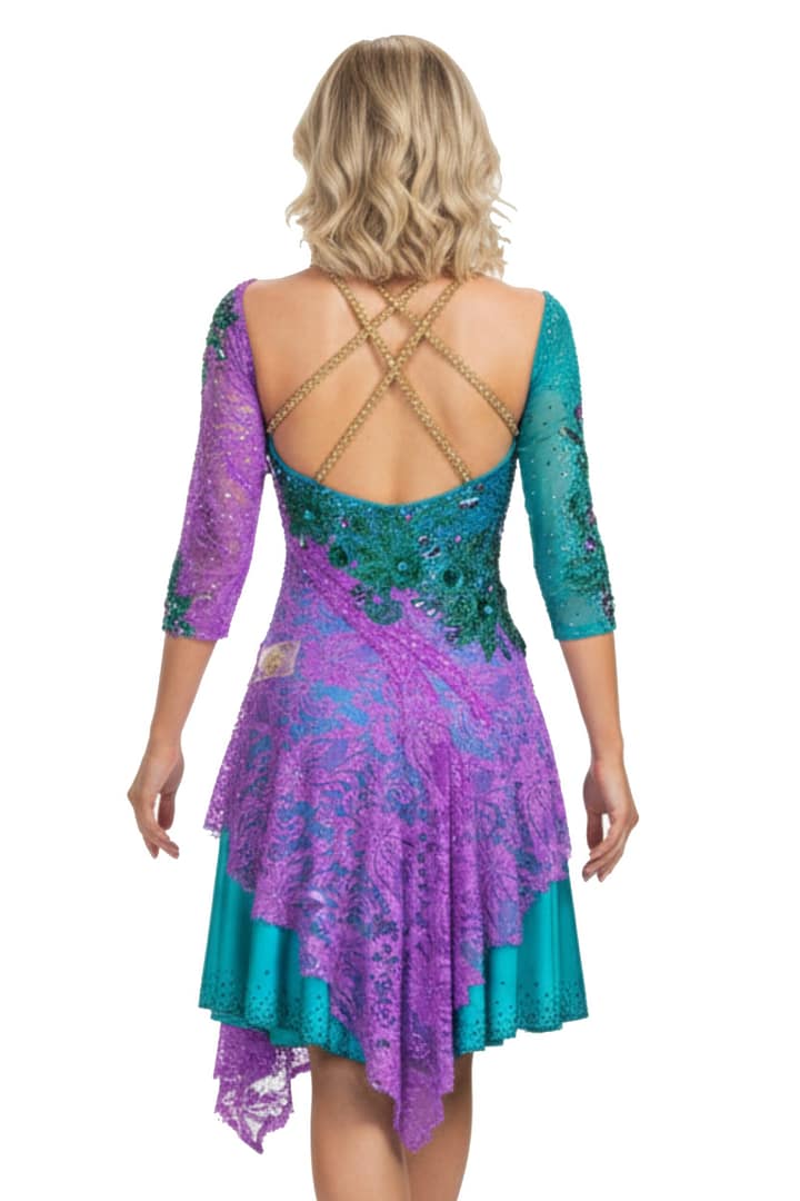 Lera Latin dress - back view — open back with gold criss-cross straps, showcasing asymmetrical skirt and lace details.