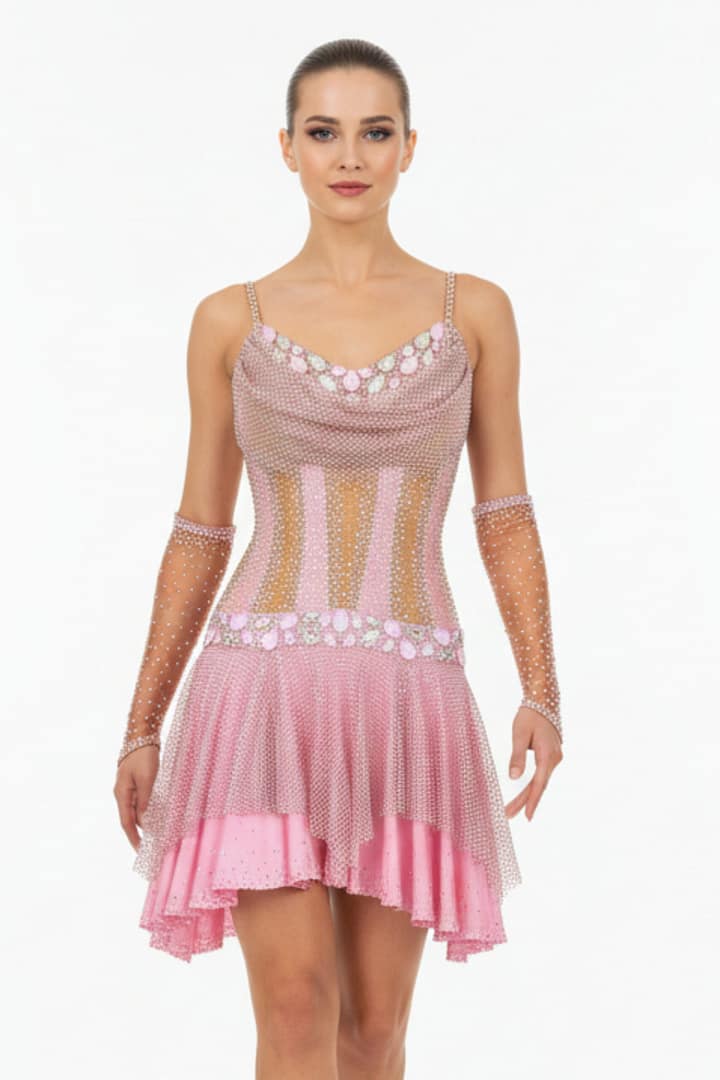 Seraphina Latin dress front view — blush pink gown with crystal mesh overlay and intricate rhinestone patterns.