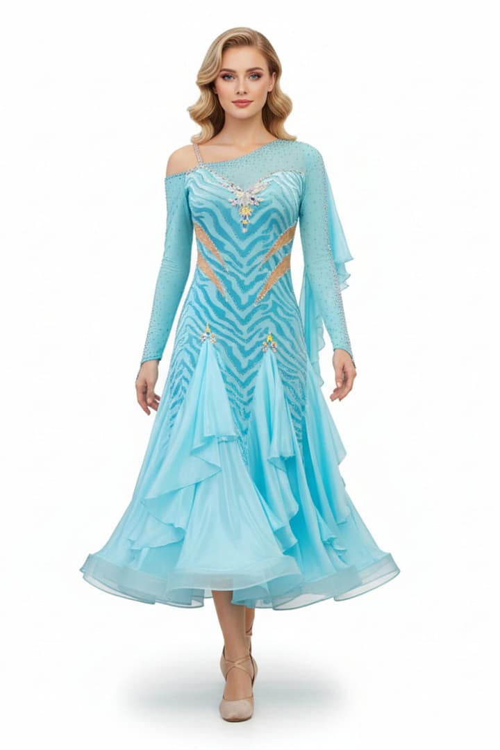 Azure Whispers Latin dress — front view — one-shoulder, sky blue Latin dress with an animal print design and a full ruffled skirt.