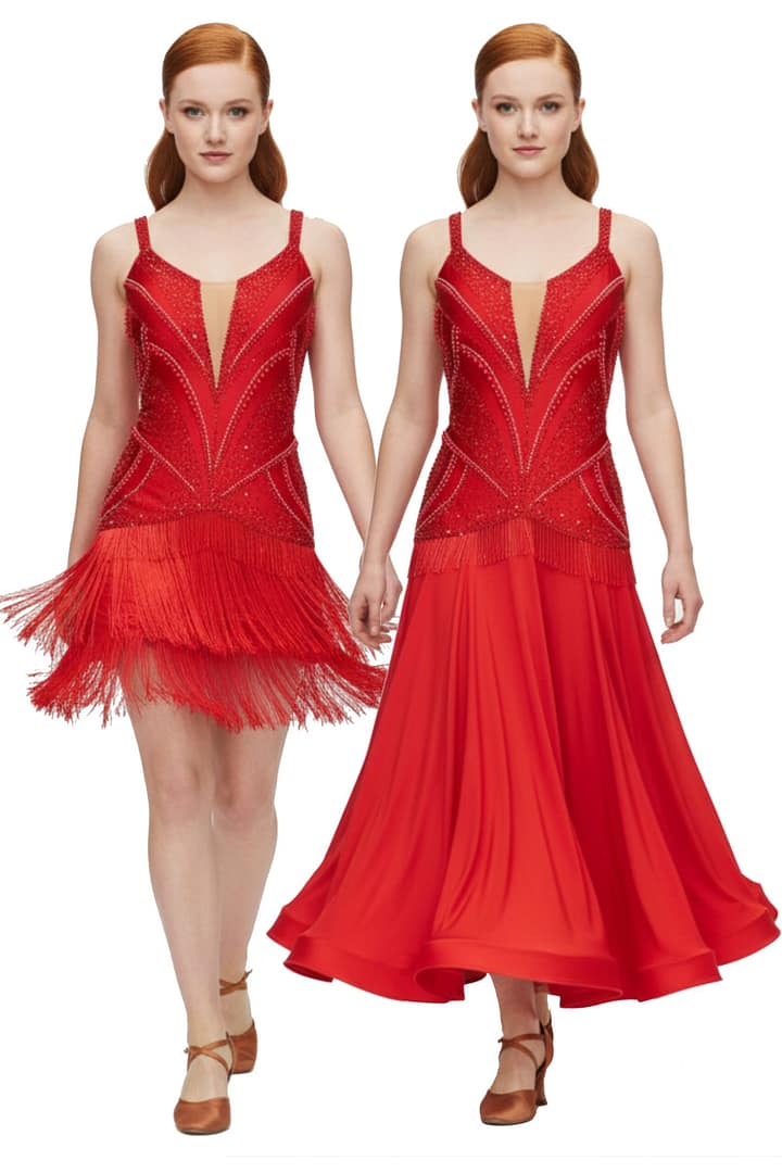 Crimson Flame - front view - Two-Way Ballroom/Latin dress shows red velvet short Latin dress with fringe and long Standard dress side-by-side.