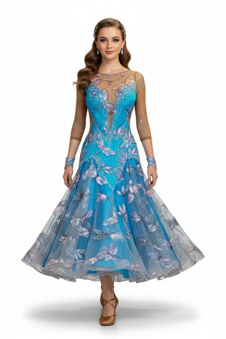 Dragonfly ballroom gown — front view — bright blue with pink dragonfly appliqué and sheer nude mesh
