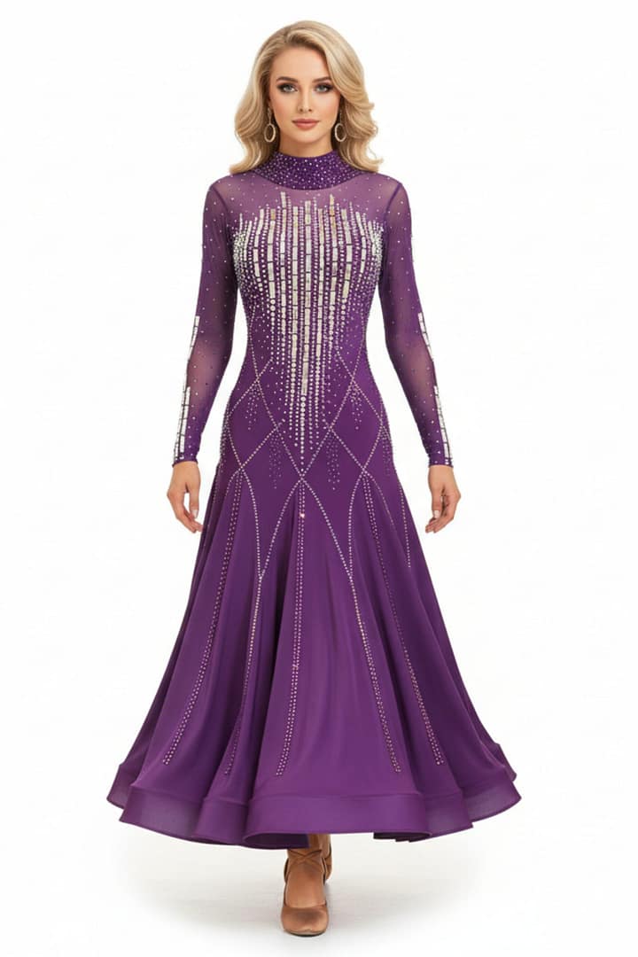 Royal Amethyst Ballroom Dress - front view — long V-neck mesh with vertical crystal bodice, long skirt panels.