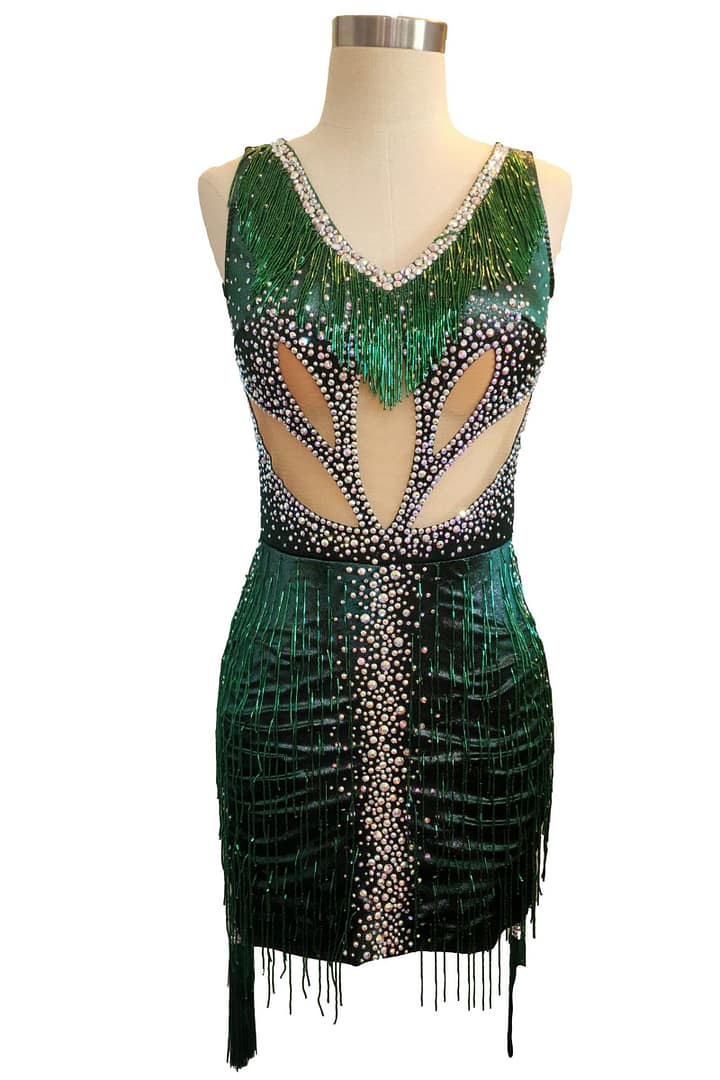 Front view of Emerald green country dance dress in mannequin