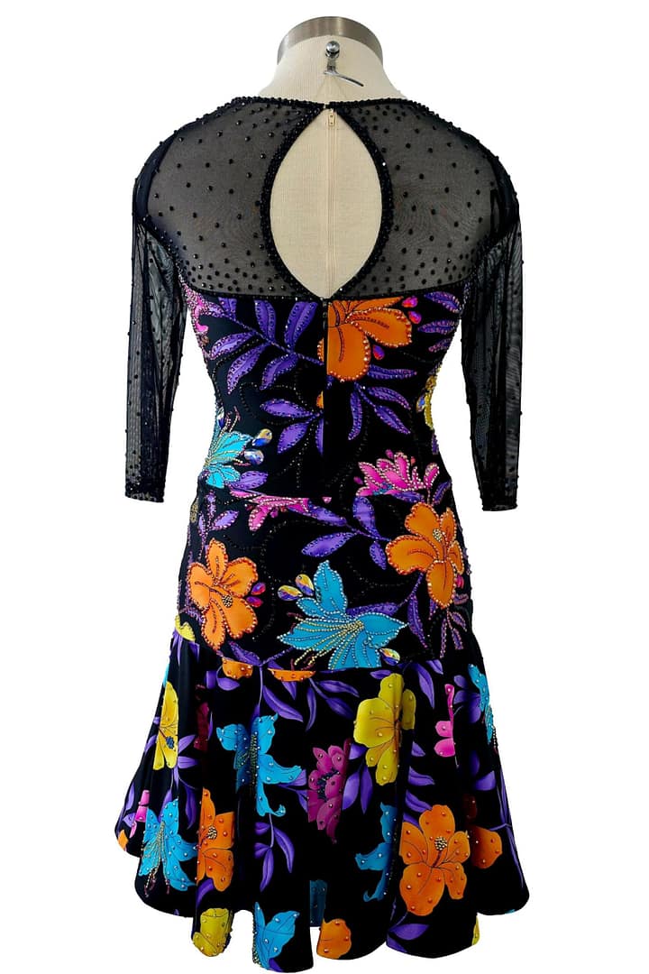 Black country dance dress with colorful floral appliqués, sheer mesh sleeves, and oval open-back detail