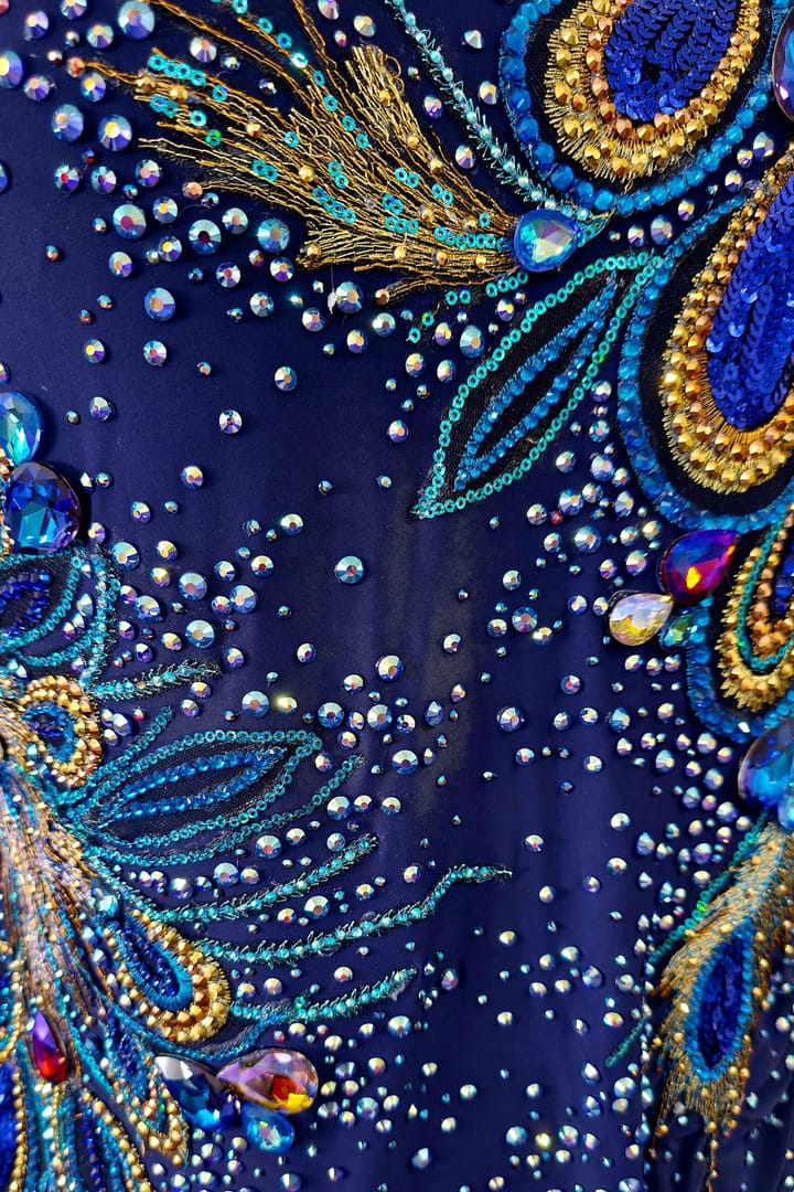 Detailed crystal embellishment on navy country dance dress fabric