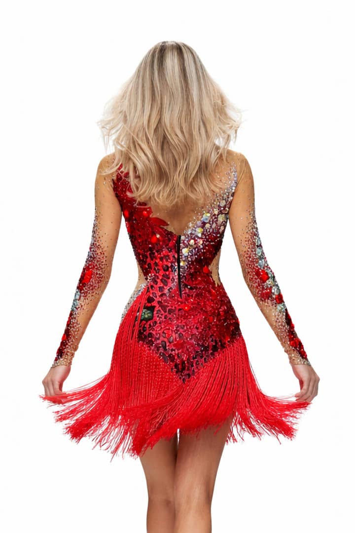 Back view of Wild Leopard Latin dress with red fringe skirt, sheer nude mesh sleeves, and red leopard sequin detailing with low back design