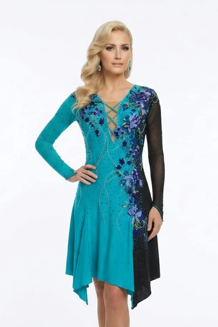 Electric Bloom teal and black ballroom dress full front view with floral crystal embellishments