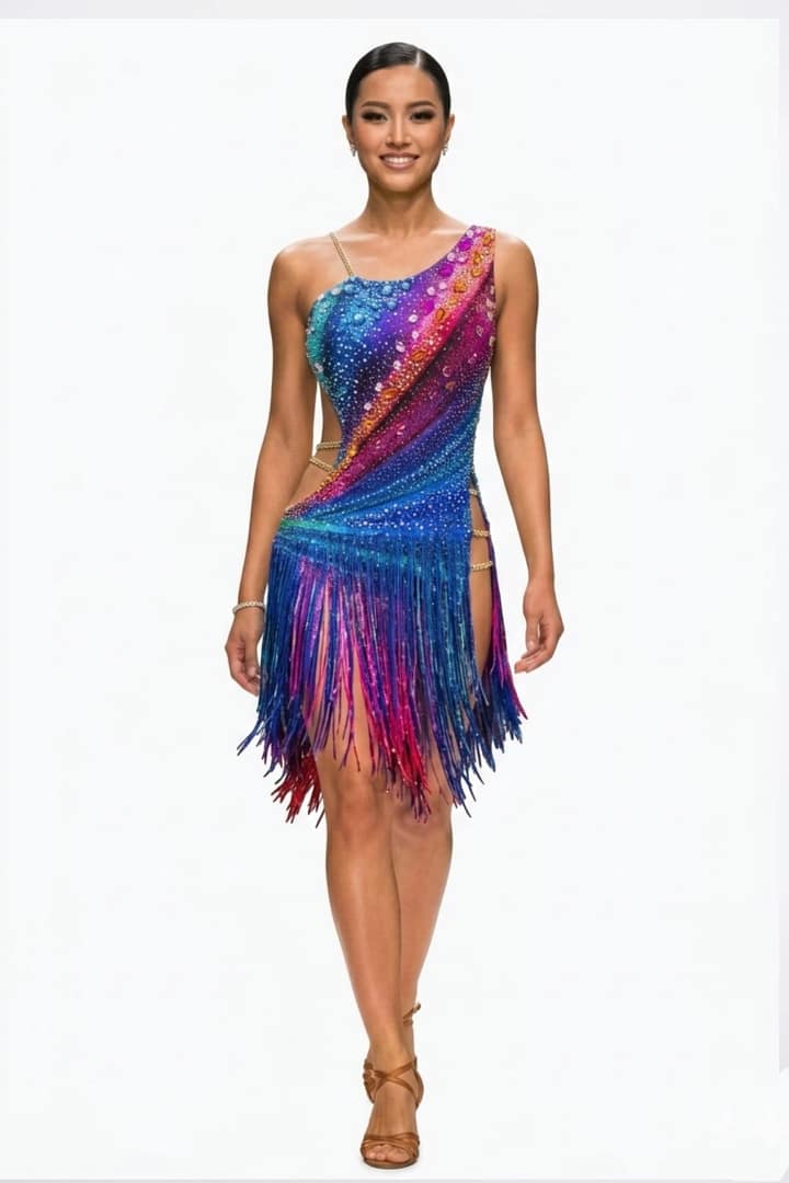 Chromatic Fire Latin dress full front view with multicolor gradient and crystal embellishments