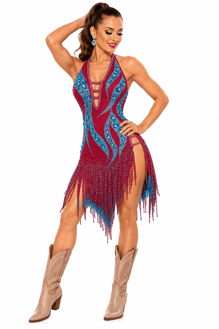 Crimson Mirage Dress featuring rich crimson fabric, intricate turquoise crystal embellishments, sparkling rhinestones, side cutouts, and layered beaded fringe, styled with tan Western cowboy boots.