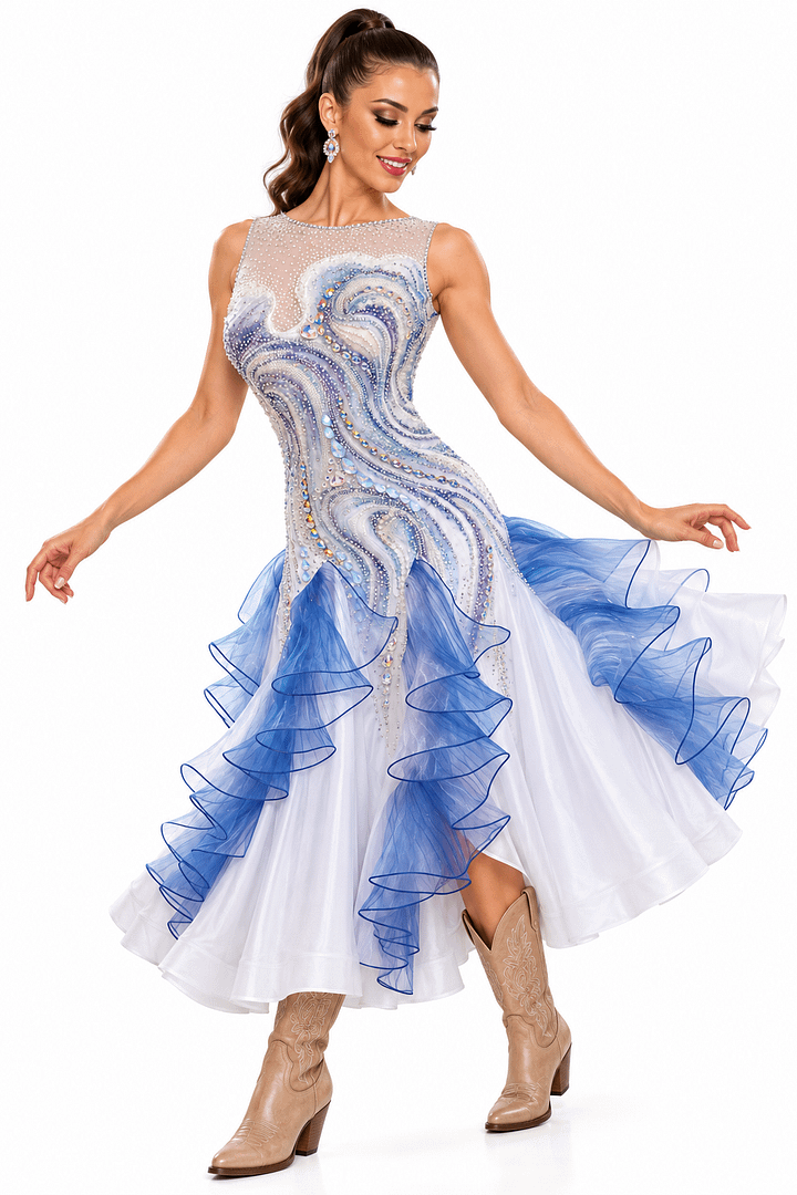 Crystal Current, a sparkling country dance dress with intricate crystal detailing, an elegant open back, and flowing blue-lilac ruffles.