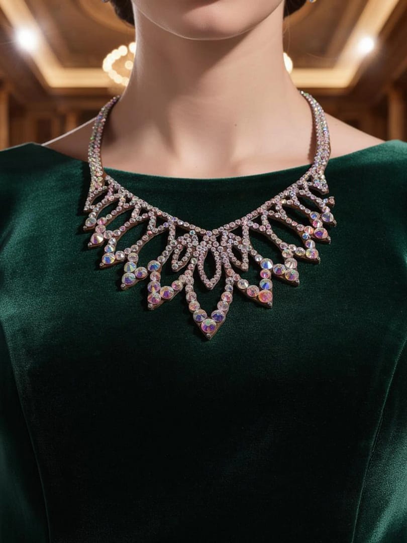 Crystal ballroom necklace styled on model for professional competition wear