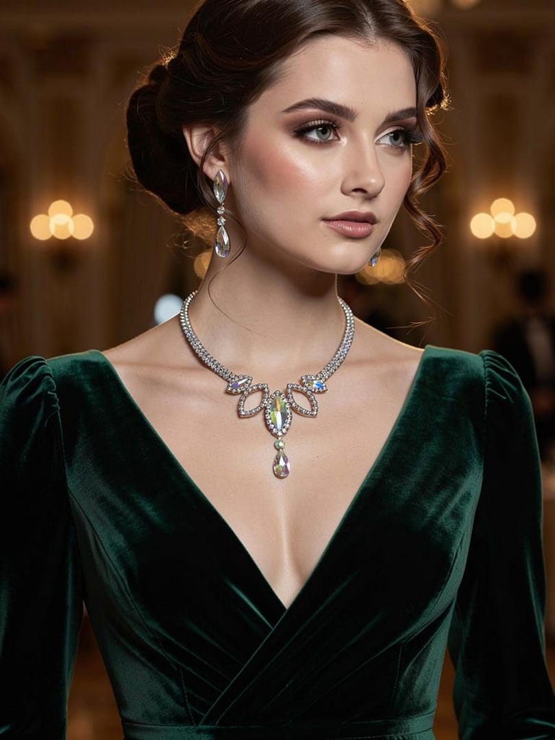 Crystal ballroom necklace worn with an emerald green ballroom gown, highlighting neckline sparkle and stage presence.