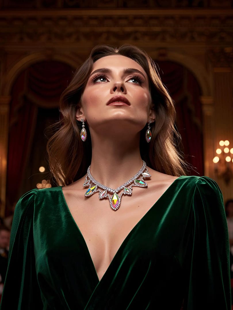 Crystal ballroom necklace worn with deep green ballroom gown for elegant stage presentation