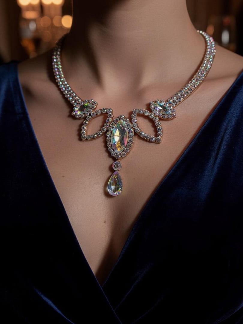 Close-up of crystal ballroom necklace worn on model, showing Crystal AB stones and teardrop center detail.
