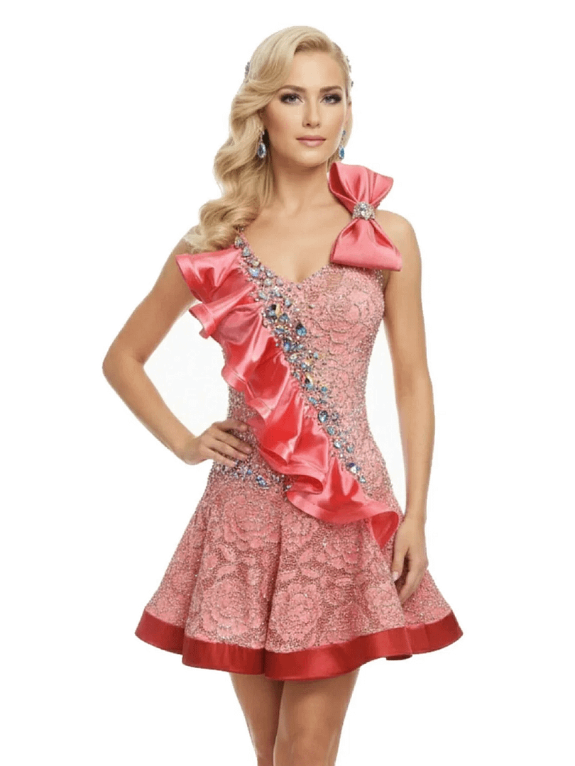 Luisa pink Latin competition dress featuring rhinestone detailing, asymmetrical satin ruffle, and bow shoulder accent