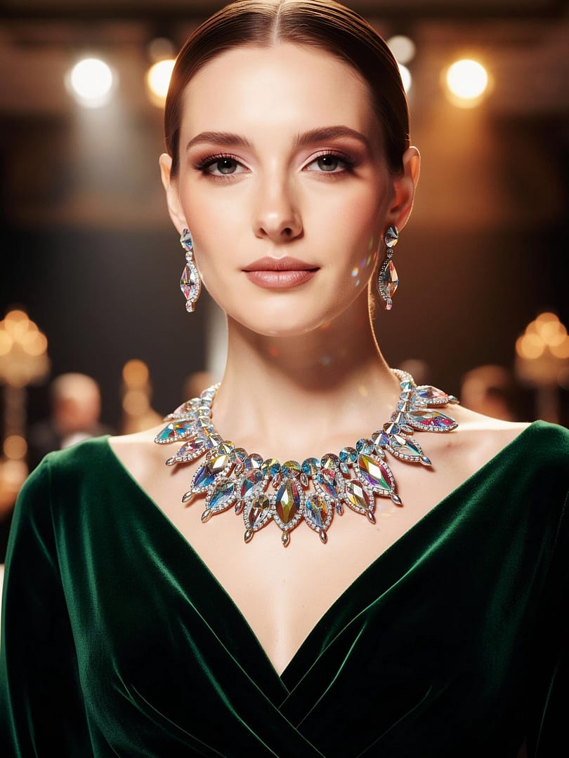 Large ballroom necklace worn by model for competition styling