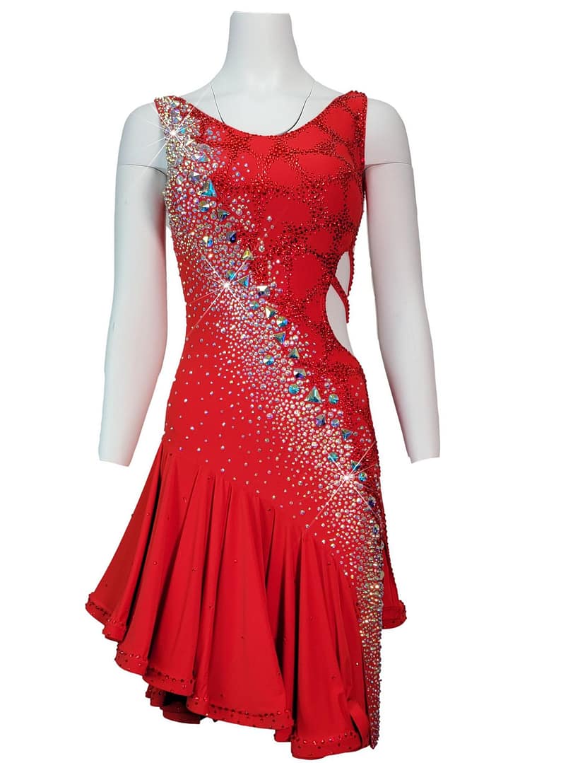 Nala Latin Dress — in mannequin — front view of a red dress with high neck, side cutouts, and a diagonal crystal design