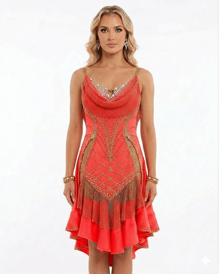 Saffron Heat Atelier Latin dress front view in coral with crystal embellishments, draped neckline, cutout sides, and layered ruffle skirt
